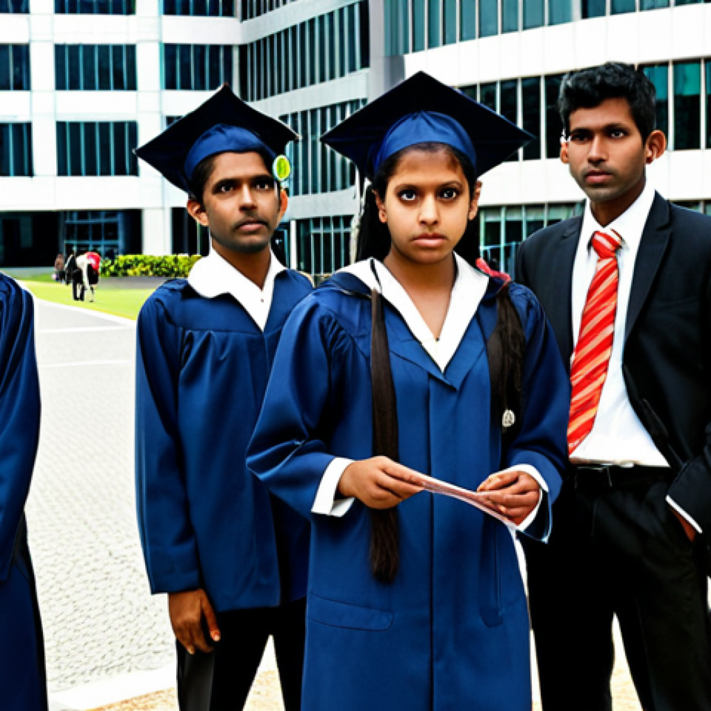 **
"A group of young Sri Lankan graduates looking hopeful but also concerned, standing near a modern office building with a few leaving for the airport in the background. The image should convey the desire for local job opportunities versus the pull of overseas employment. Focus on expressions and a sense of aspiration."
**