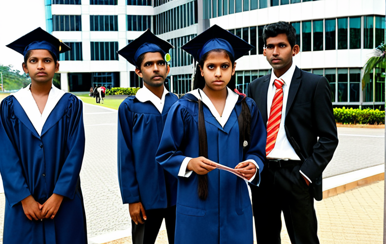 **

"A group of young Sri Lankan graduates looking hopeful but also concerned, standing near a modern office building with a few leaving for the airport in the background. The image should convey the desire for local job opportunities versus the pull of overseas employment. Focus on expressions and a sense of aspiration."

**