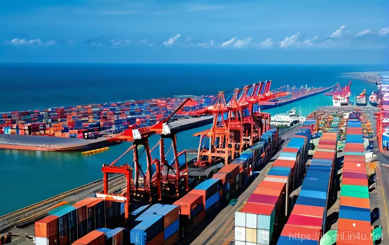 스리랑카와 중국의 경제 협력 - **Hambantota Port: A Gateway of Global Commerce**
    "A vibrant, high-angle panoramic shot of the b...