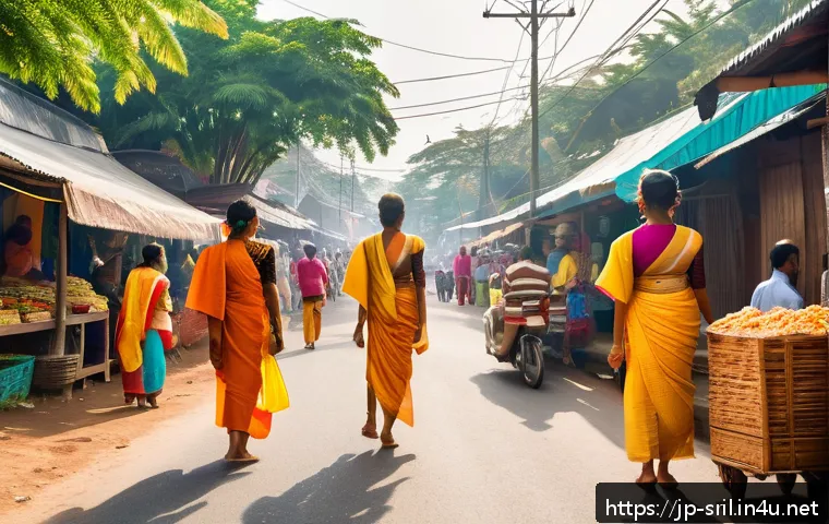 스리랑카로 이주한 해외 이민자 이야기 - A vibrant Sri Lankan street scene during a colorful local festival, with traditionally dressed men a...