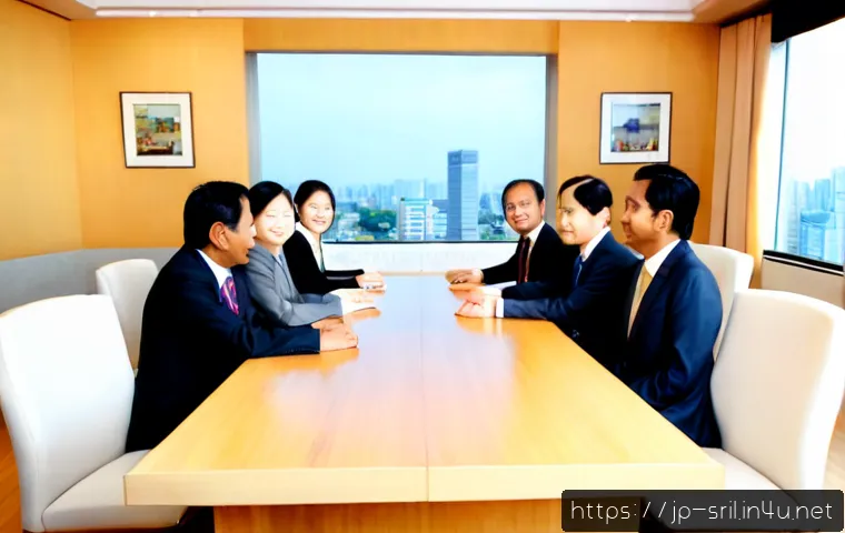 스리랑카와 일본의 관계 - Photorealistic diplomatic meeting between Japanese and Sri Lankan representatives in a bright modern...