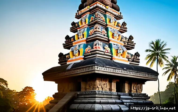 스리랑카의 힌두교 유산 - Photorealistic sunrise view of an ancient Sri Lankan Hindu temple with intricately carved stone pill...