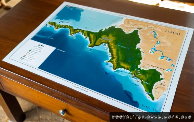 스리랑카의 유적지 지도 - Photorealistic top-down travel planning scene, an unlabeled raised-relief map of Sri Lanka on a clea...